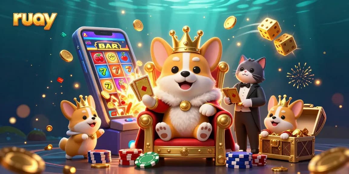 เข้าร่วมการเล่นเกมที่น่าตื่นเต้นกับ ruay โดยมีคอร์กี้ราชวงศ์นั่งบนบัลลังก์ของชิปและล้อมรอบด้วยองค์ประกอบแจ็คพอต