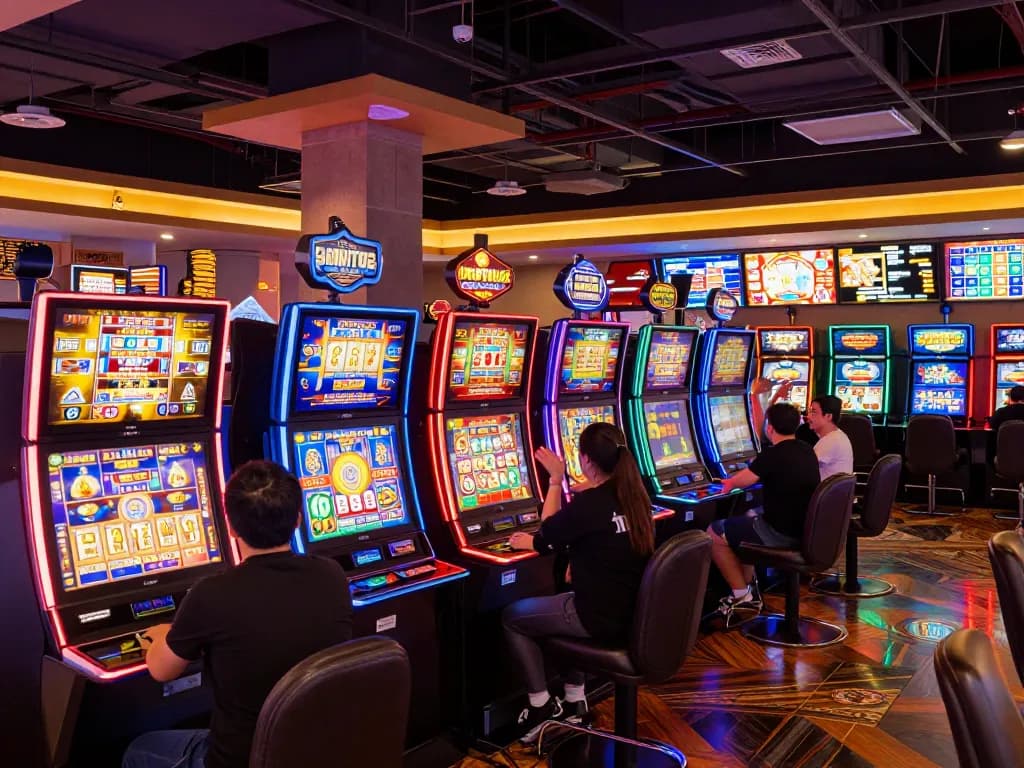 Players enjoying slot gacor machines in a lively casino atmosphere, celebrating wins with colorful displays