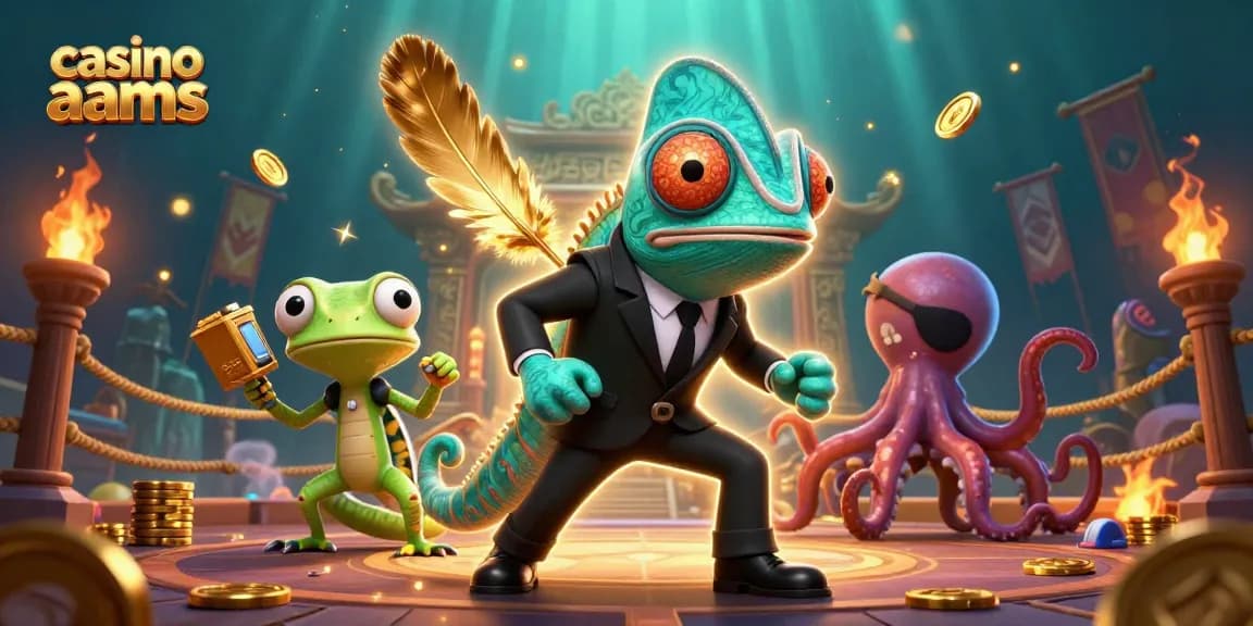 Scopri i vantaggi dei casino non AAMS con un'illustrazione di un camaleonte segreto e un gecko tecnologico.