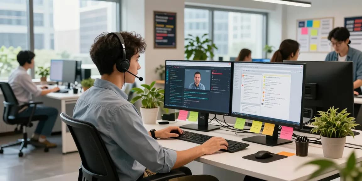 Technician providing Telus-Technical-Support in a vibrant office environment, showcasing customer interaction.