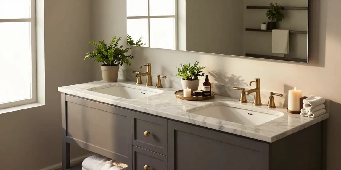 Modern bathroom vanity with marble countertop and elegant fixtures, creating an inviting and stylish atmosphere.