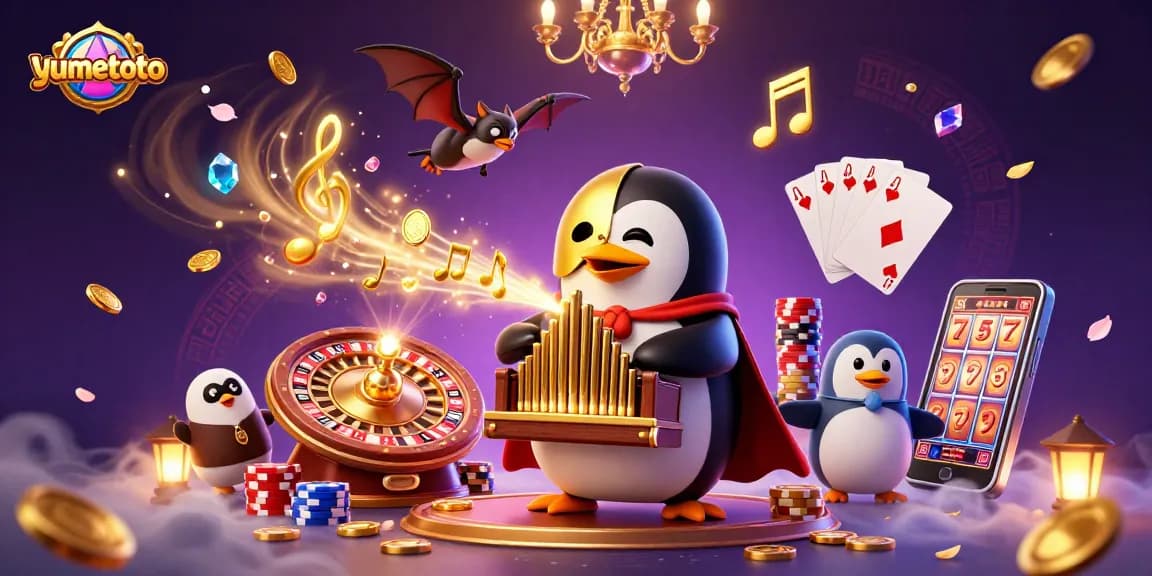 Experience the thrill of yumetoto with golden coins cascading from a whimsical scene of a penguin playing organ.