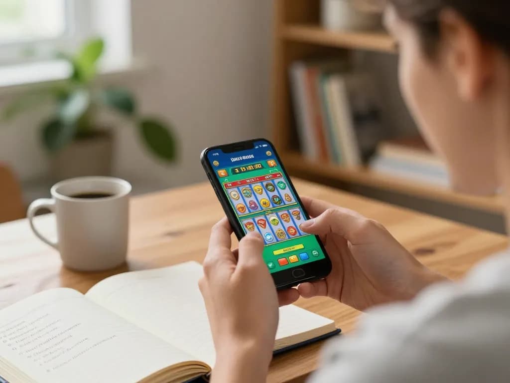 Playing link slot games on a smartphone in a cozy home setting, showcasing strategic betting while tracking gameplay.