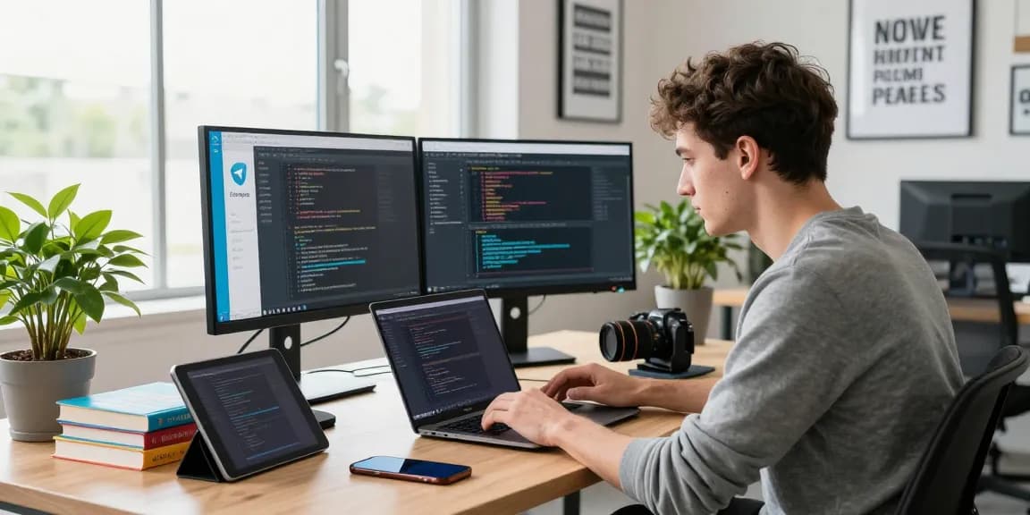 Developer using Telegram Download on a modern tech workspace with dual monitors.