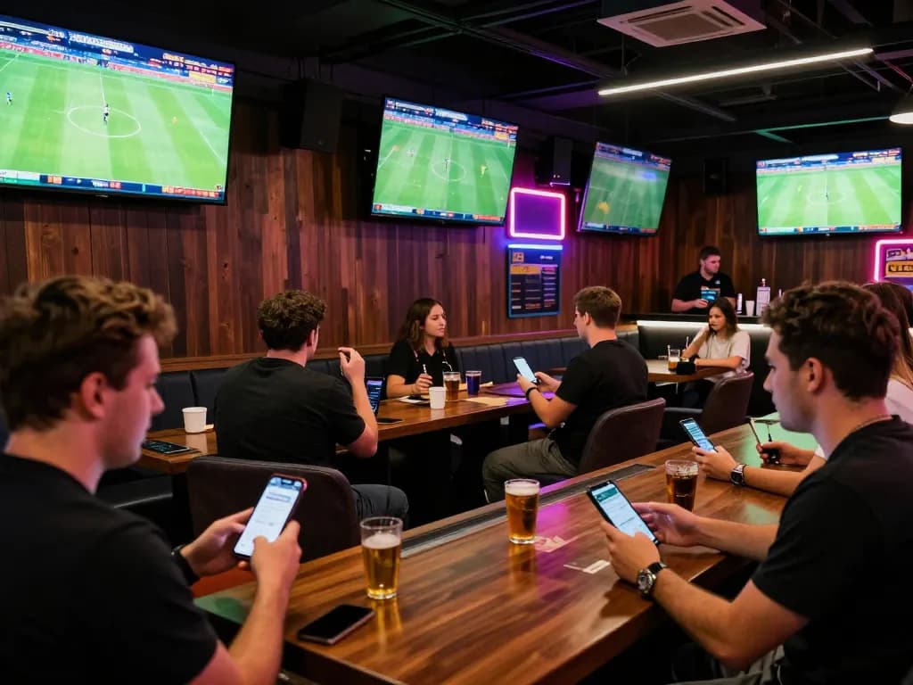 Keobongda sports betting lounge scene with enthusiastic bettors placing wagers on live matches