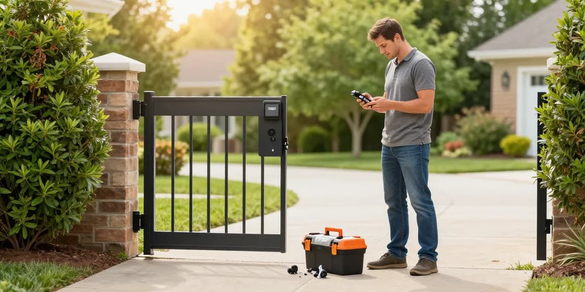 Mighty Mule gate opener troubleshooting with homeowner examining remote control and gate components in a landscaped yard.