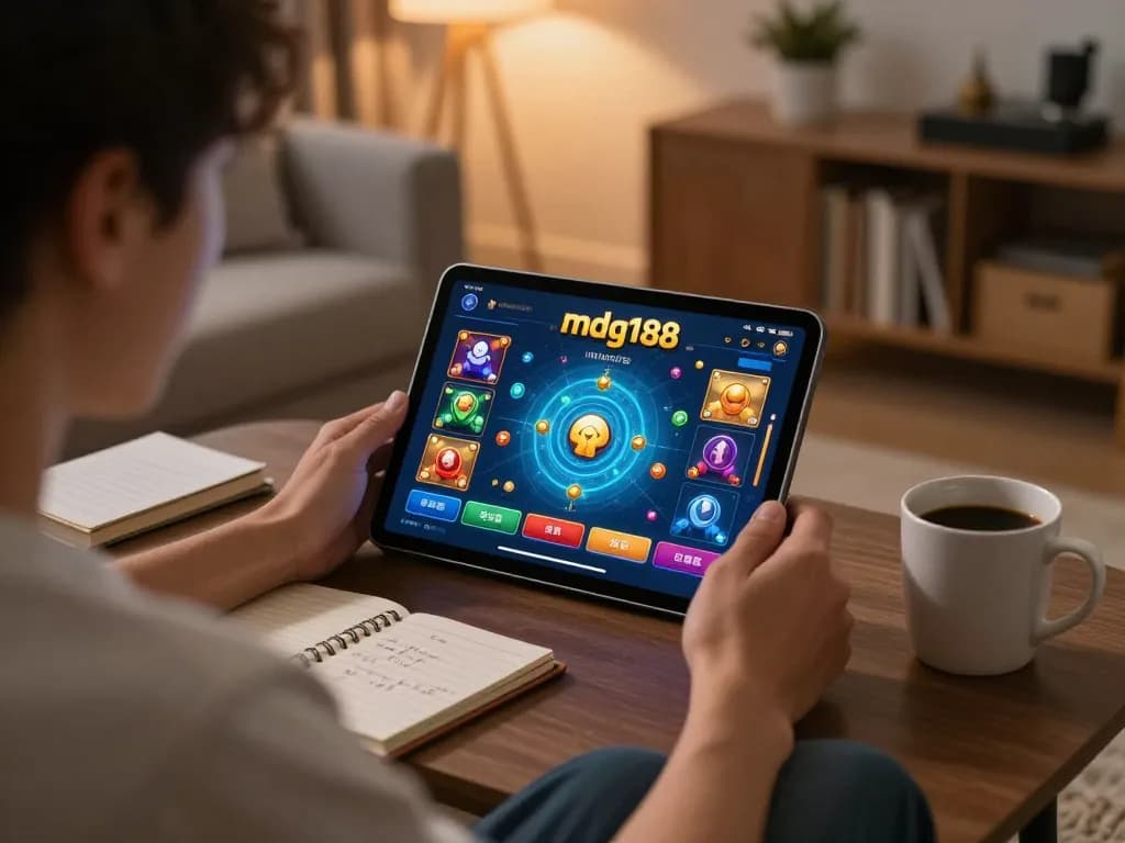 Player engaging with the mdg188 mobile casino app, surrounded by notes and warm lighting.