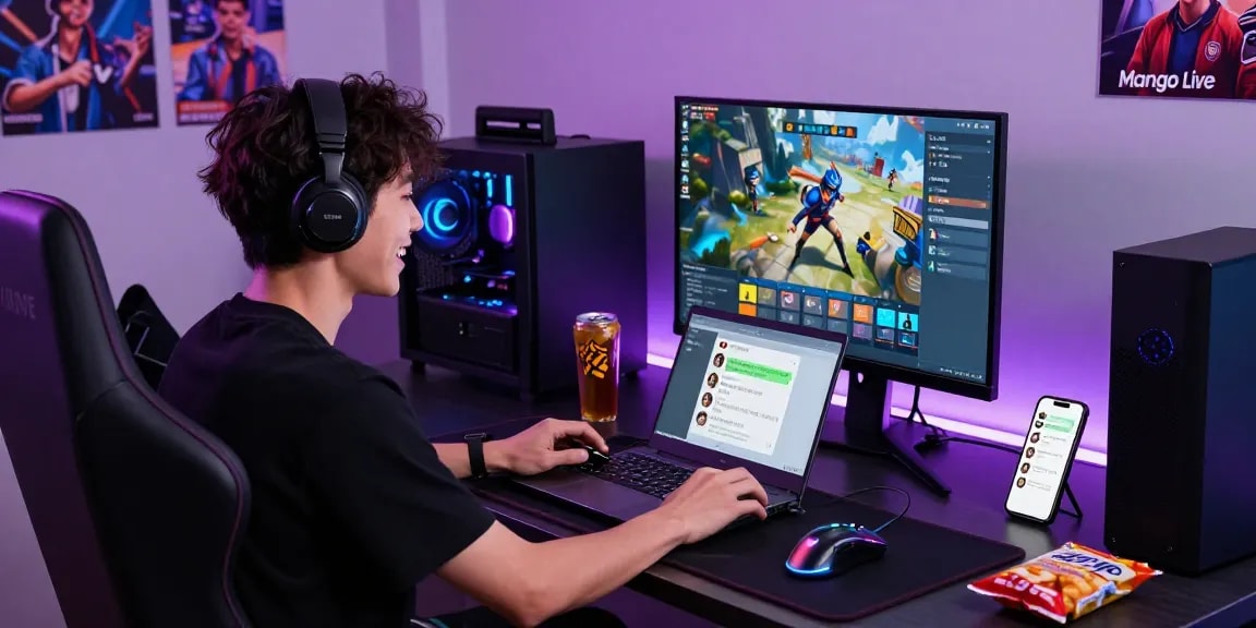 Gamer enjoying top up mango experience with vibrant gaming setup, laptop, and snacks.