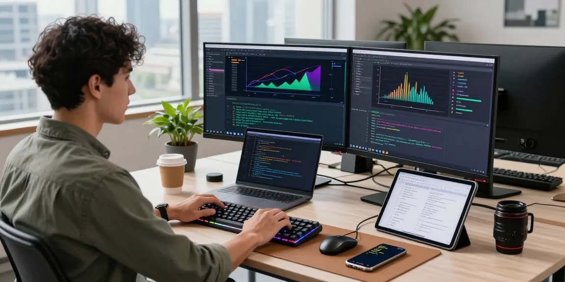 A software developer engaged with the NAGA2000 platform in a high-tech workspace.