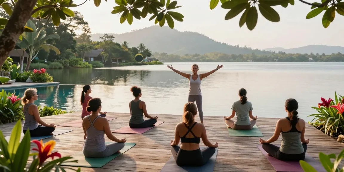 Experience the best yoga retreats Sri Lanka 2026 by Koggala Lake, featuring serene morning yoga sessions and lush tropical surroundings.