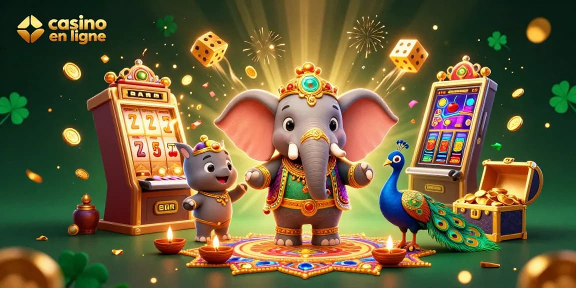 Jouez à des jeux captivants sur un casino en ligne avec une ambiance festive autour d'un éléphant doré.