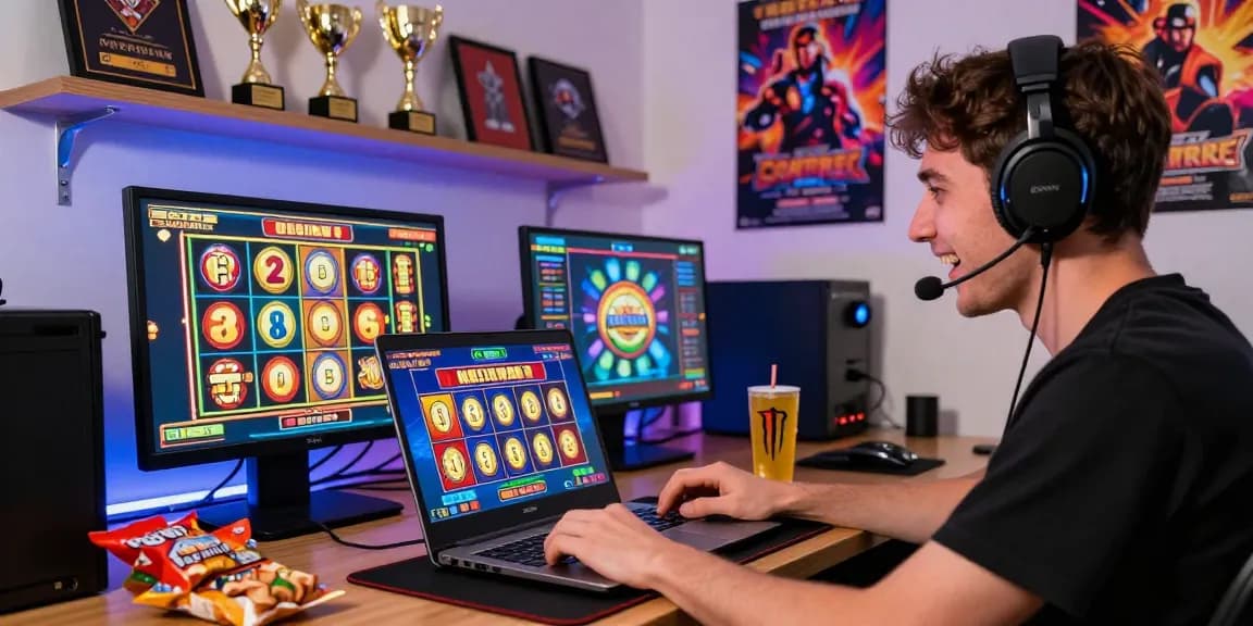 Player enjoying vibrant slot games in a modern home office