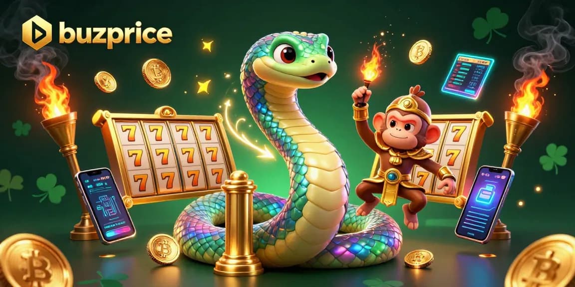 buzprice showcases a vibrant 3D illustration with a rainbow serpent and golden monkey king amidst casino elements.