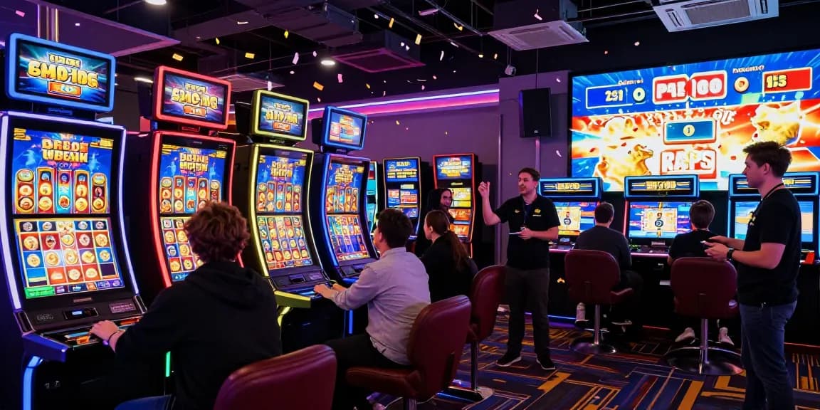 Exciting digital gaming scene showcasing slot depo 1000 players celebrating wins in a vibrant casino environment.
