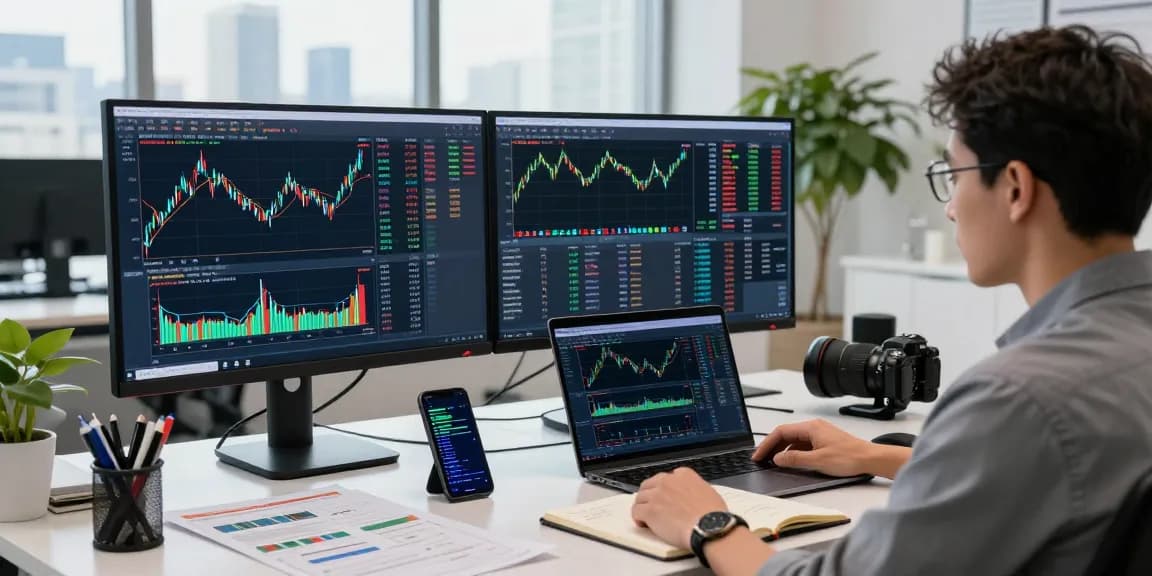 Trader using MetaTrader 5 in a modern workspace, analyzing financial charts for optimal trading strategies.
