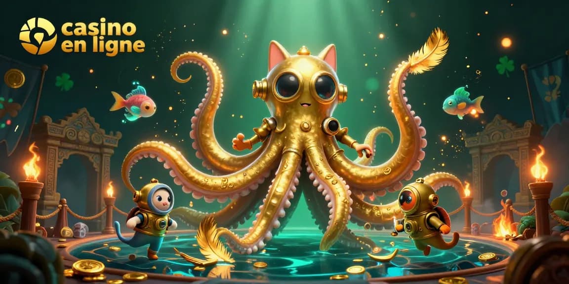Jouez dans un casino en ligne merveilleux avec un kraken doré et un chat plongeur.