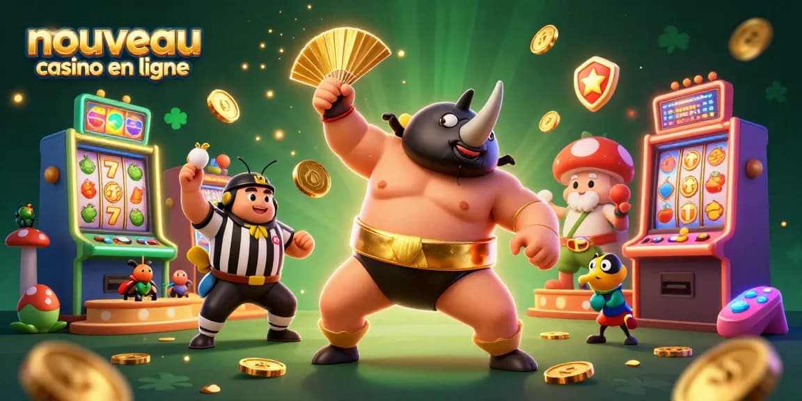 Vitrine des nouveaux casinos en ligne avec un rhinocéros sumo et des machines à sous colorées.