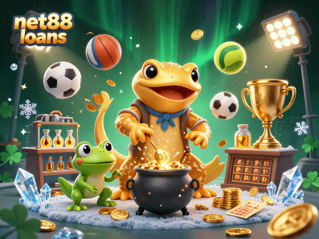 Experience the magic of net88 loans with a vibrant alchemist scene full of gold coins and sports elements.