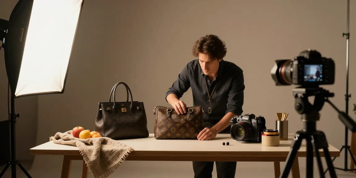 Photographie still life Milano par un photographe professionnel mettant en valeur des sacs de luxe sur une table design.