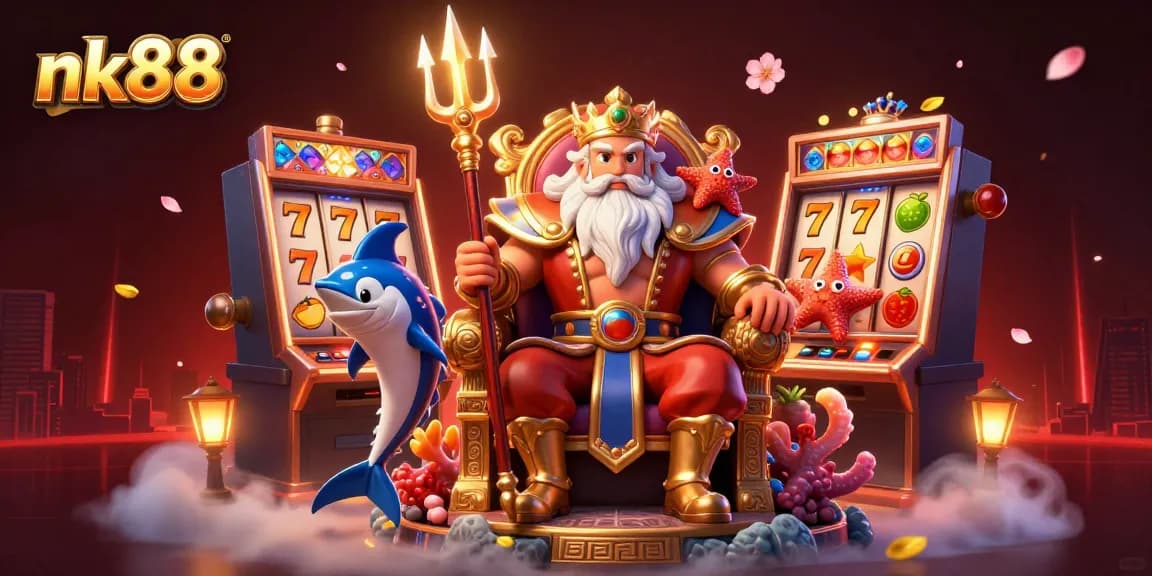 Experience thrilling wins at nk88 with vibrant slot machines and a mythical sea king in action.