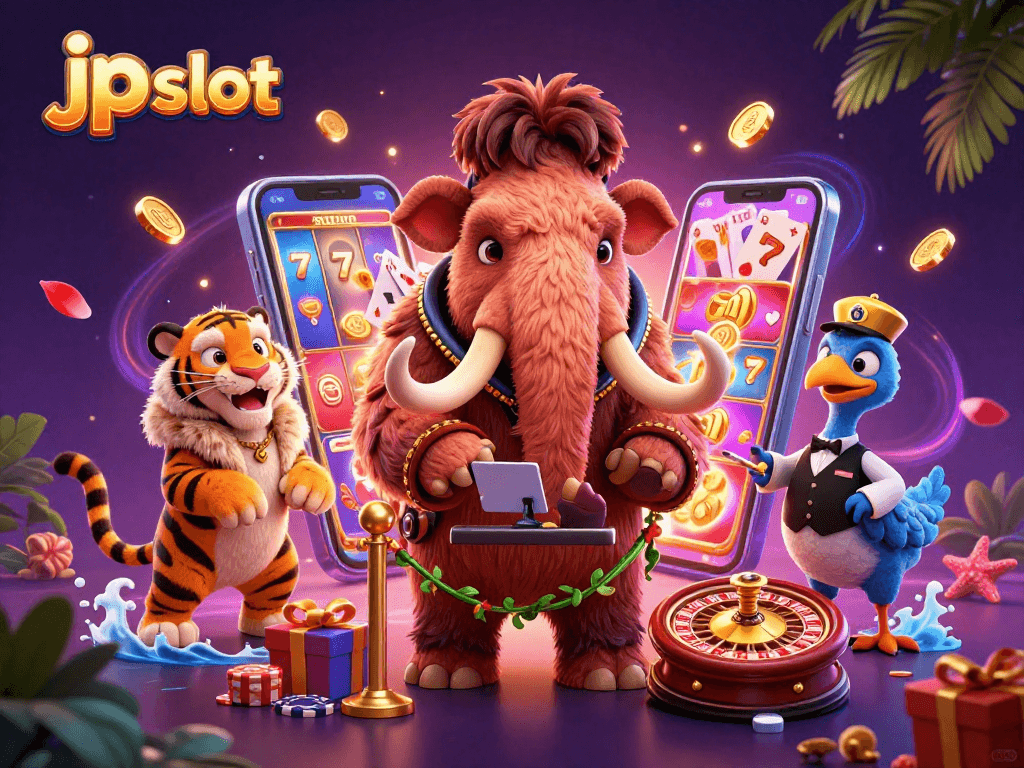 Engage in thrilling jp slot games with vibrant graphics and dynamic characters in a captivating casino scene.