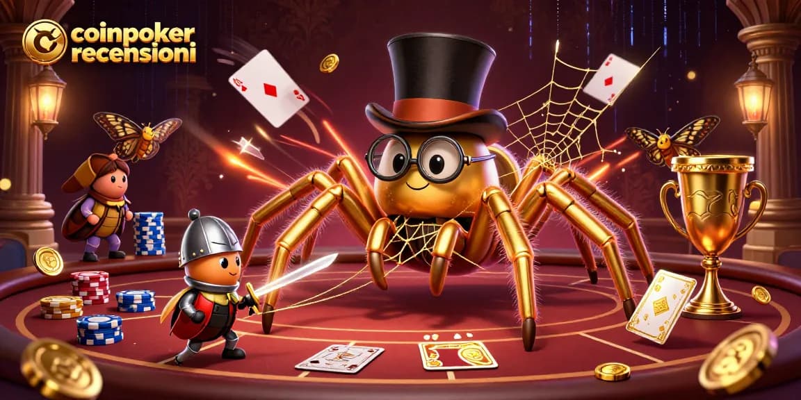 Coinpoker recensioni: una scena vivace con un ragno dorato e un cavaliere di scarabeo al tavolo da poker.