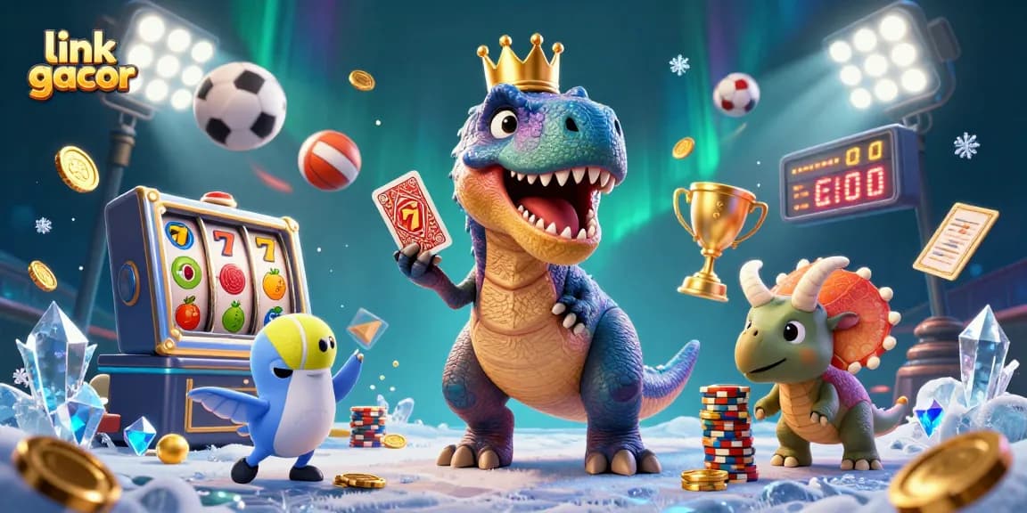 Engage with link gacor as a friendly T-Rex shuffles cards while a pterodactyl assists, surrounded by dynamic slot game elements.