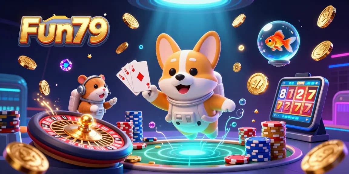 Experience thrilling gaming at Fun79 with a floating corgi astronaut amidst casino delights and sparkling treasures.