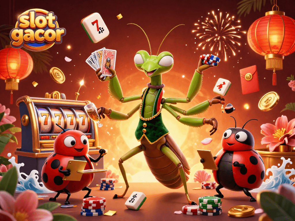 Experience thrilling slot gacor games at a vibrant casino scene with charming characters.