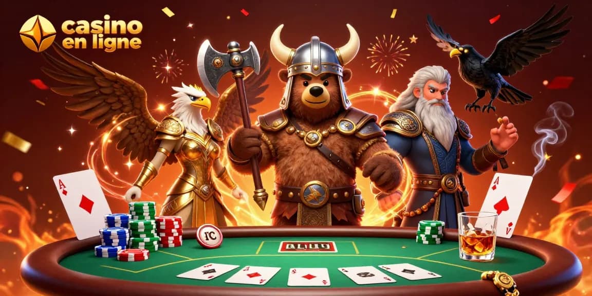 Jouez au casino en ligne avec une scène dynamique incluant un ours viking et une aigle valkyrie.