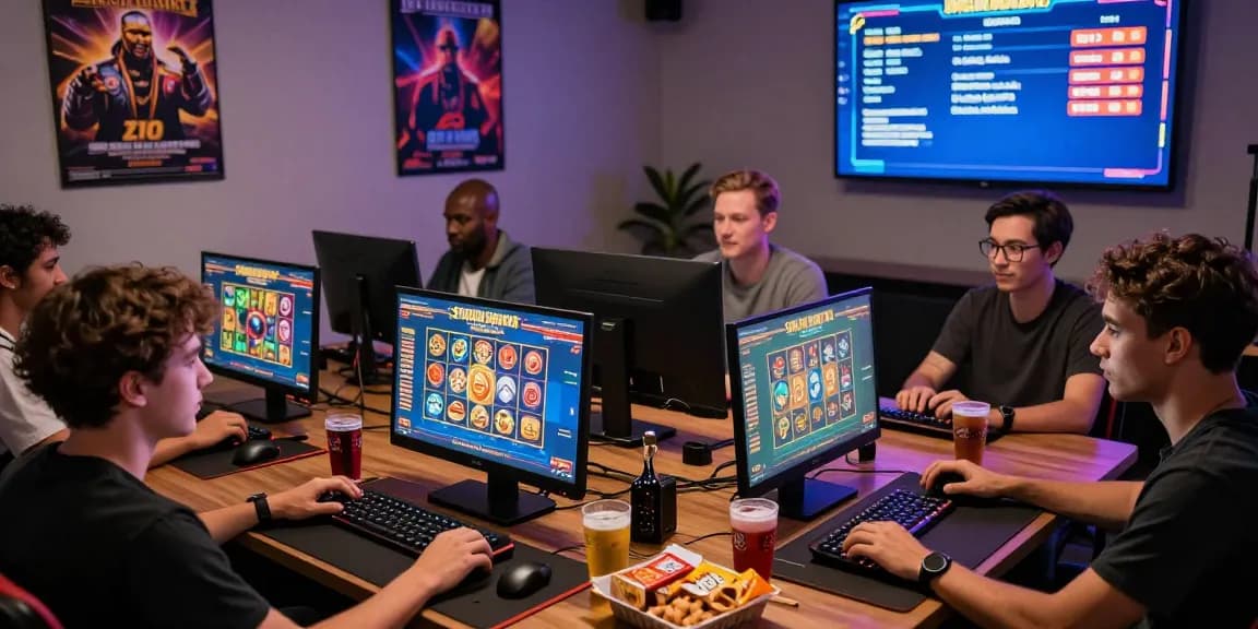 Situs depo 5k gaming scene with diverse players enjoying online slot games at home, highlighting excitement and community.