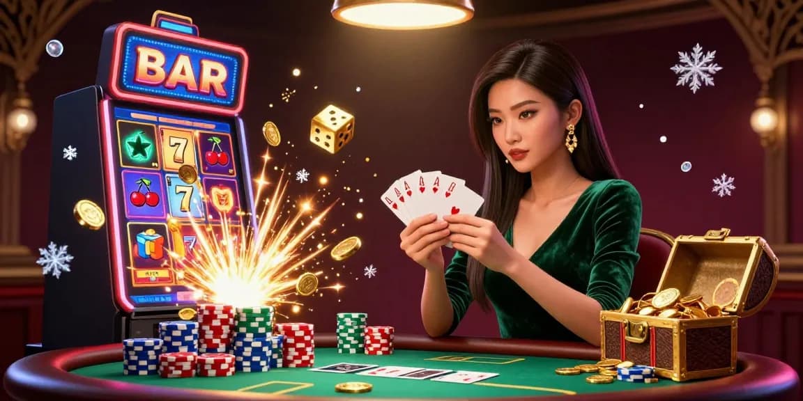 Experience mahjong ways in an exciting casino scene with a beautiful player at a poker table.