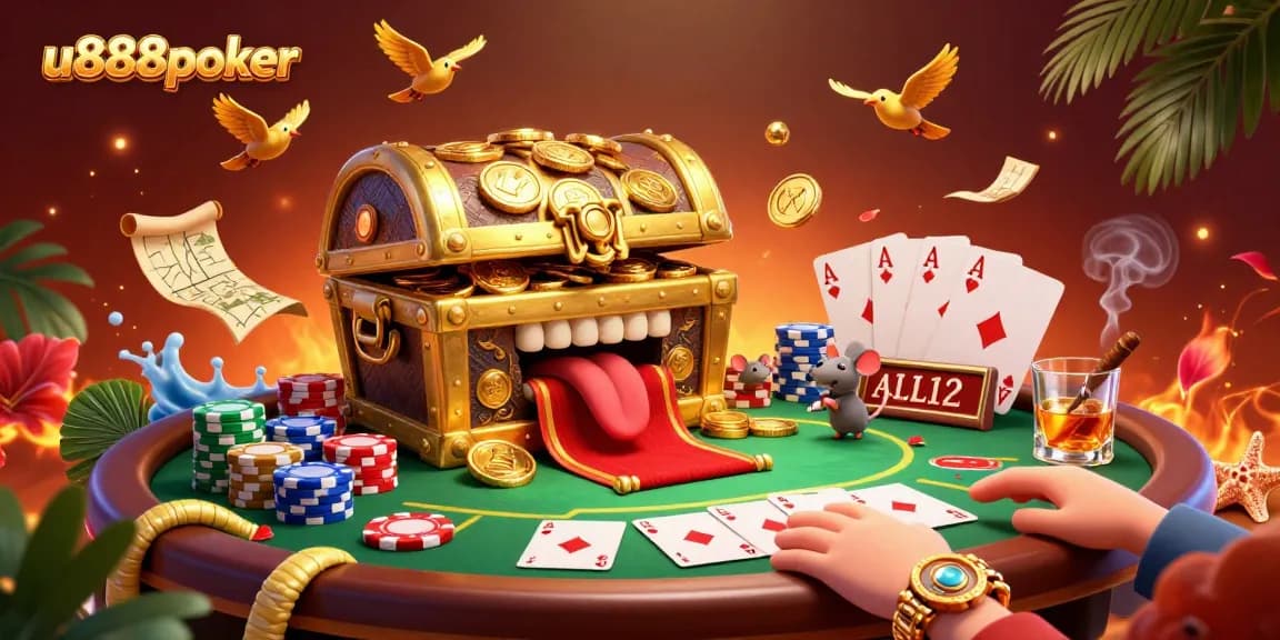 Engage in vibrant poker action with u888poker's animated treasure adventure featuring poker elements.
