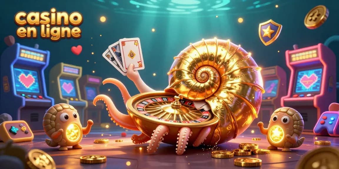 Jouez au casino en ligne avec une illustration 3D captivante d'un nautilus géant et des éléments de casino animés.