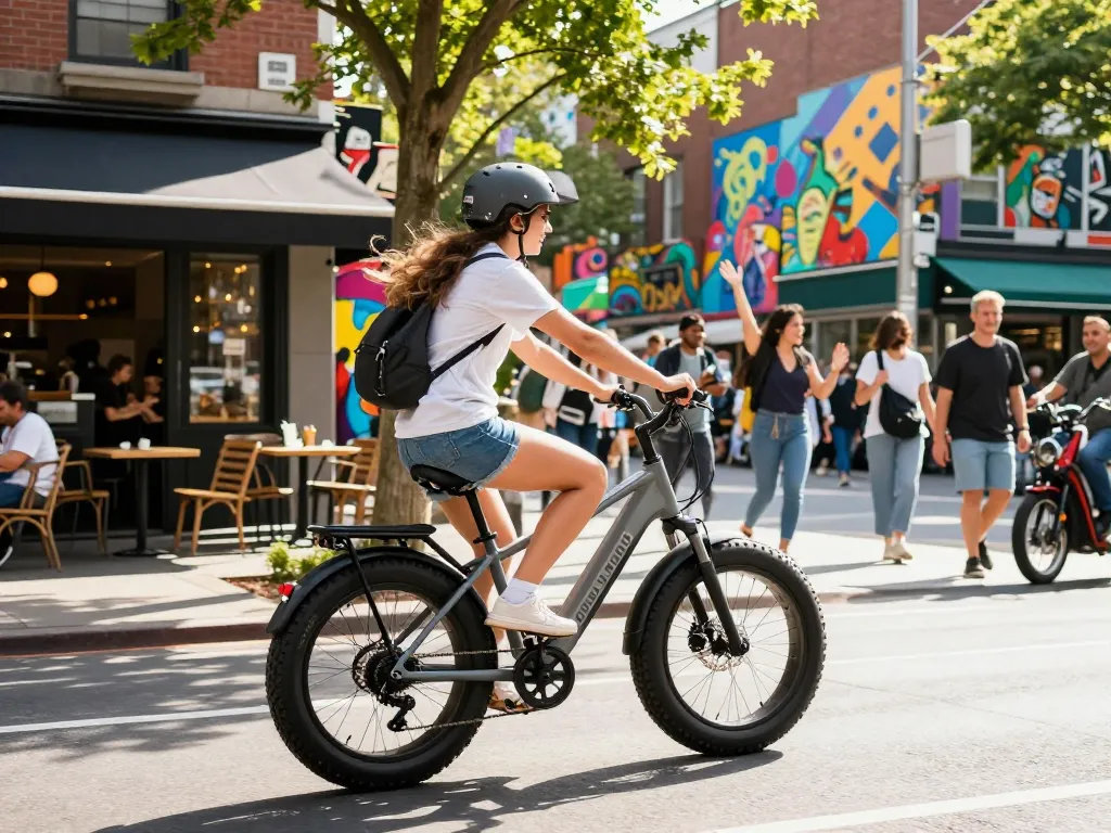 Couple enjoying a Doppio e-bike 2x ride in the city, emphasizing eco-friendly mobility.
