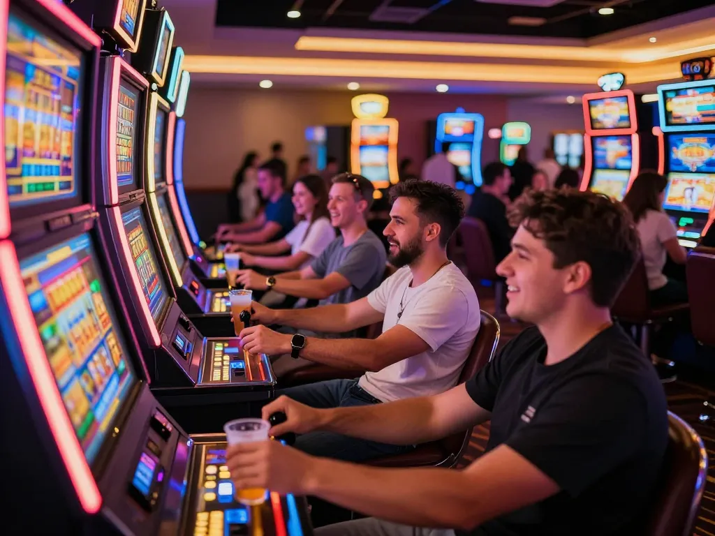 Players enjoying the thrilling atmosphere at a situs gacor slot machine area in a vibrant casino.
