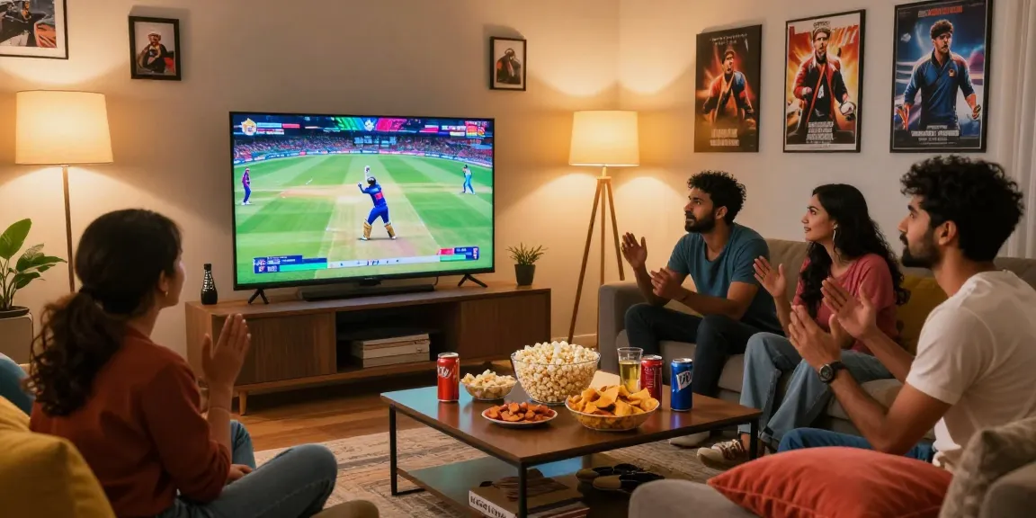 Pikashow app brings friends together for an exciting IPL cricket match in a cozy living room.