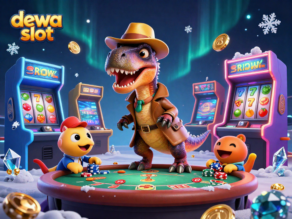 Permainan dewa slot oleh velociraptor dan stegosaurus dengan suasana kasino yang meriah.