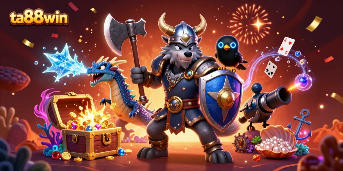 Engage with thrilling ta88win gaming, featuring a Viking warrior, dragon, and raven in a vibrant casino scene.