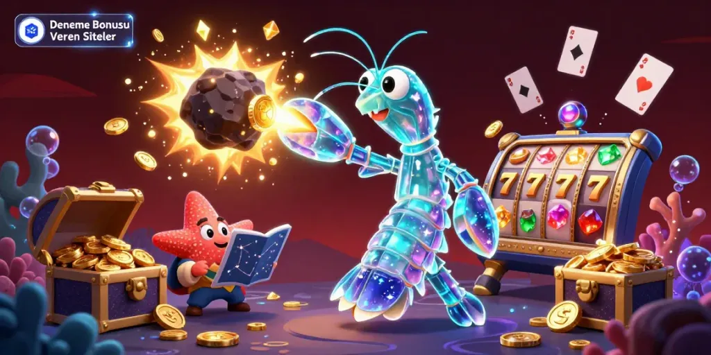 Experience the thrill of Deneme Bonusu Veren Siteler with vibrant slot reels and golden gems bursting in an action-packed scene.