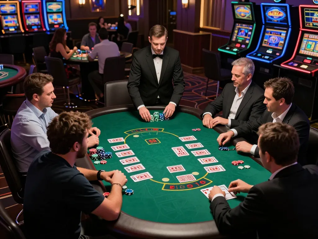 Pemain Bintangmpo menikmati permainan blackjack yang intens di suasana kasino yang ramai.