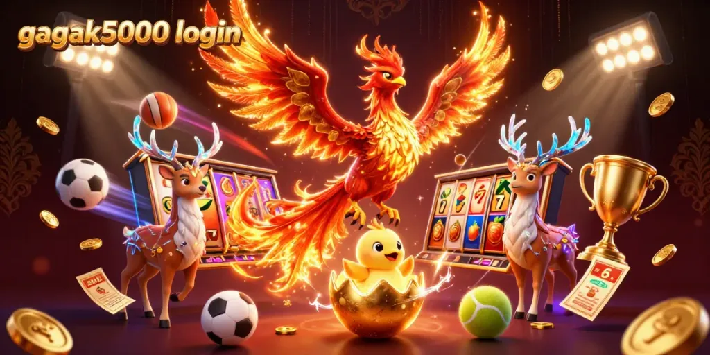 Jalankan Gagak5000 login dengan simbol slot dan elemen permainan kasino dalam ilustrasi yang menarik.