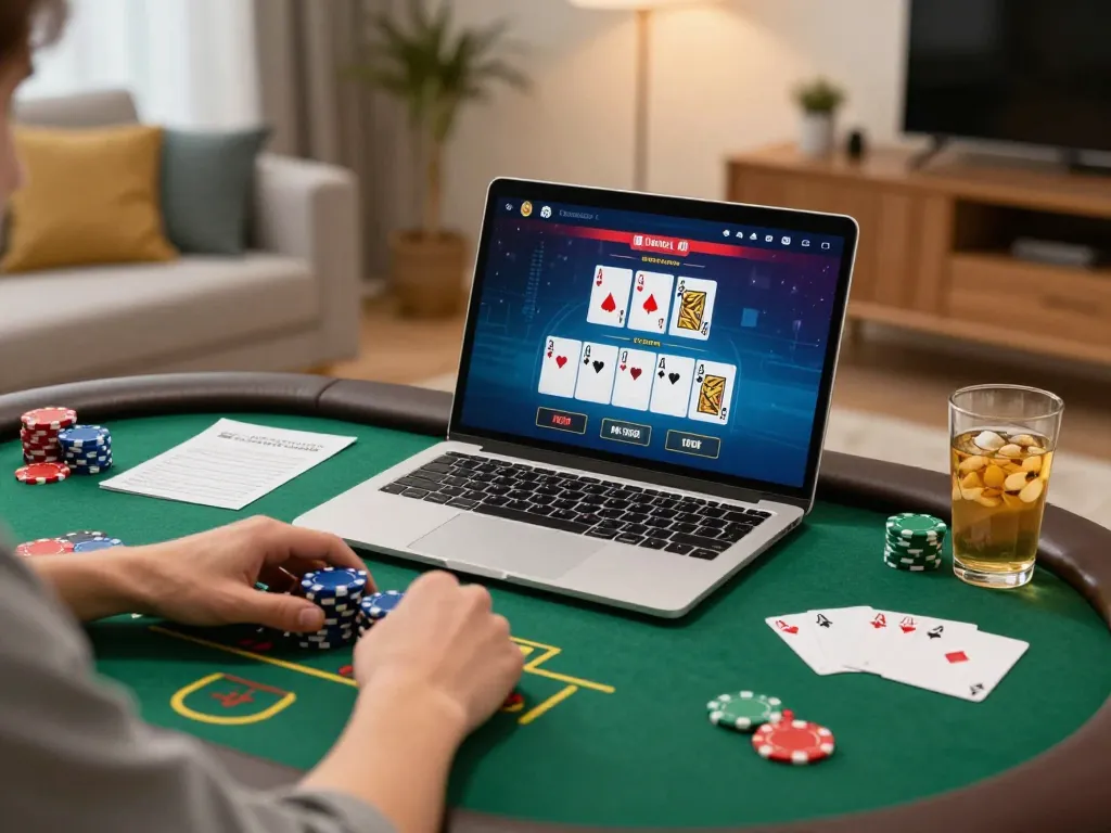 Player engaging in online poker at home with rokok88 gaming platform displayed.