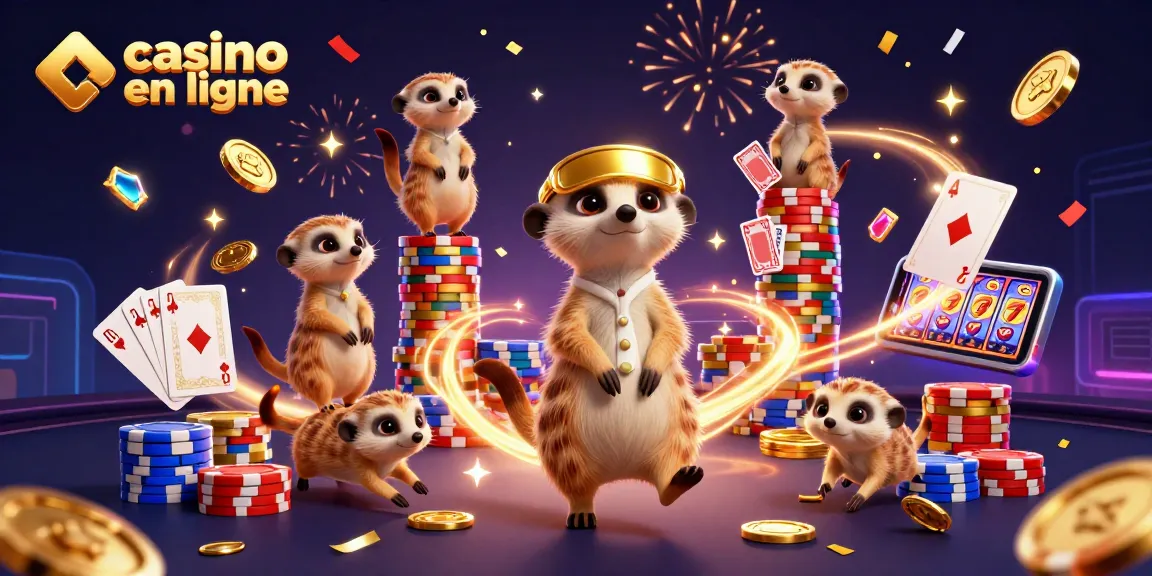 Merkat dans un casino en ligne, distribuant des jeux de cartes tout en sautant autour de jetons et pièces d'or
