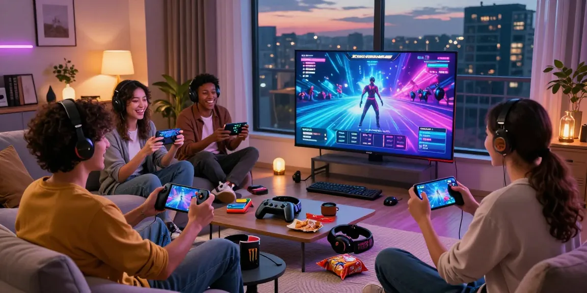 Friends enjoying MBM娛樂 games in a stylish living room during a lively gaming night.