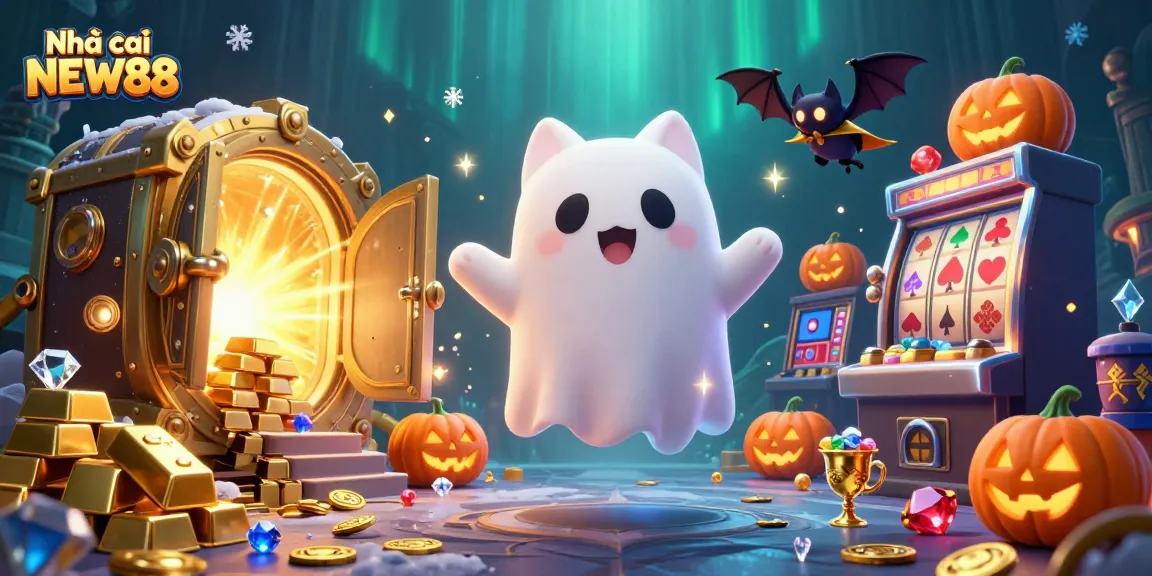 Experience the thrill at Nhà cái NEW88 with vibrant casino-themed artwork featuring a friendly ghost cat and magical treasures.