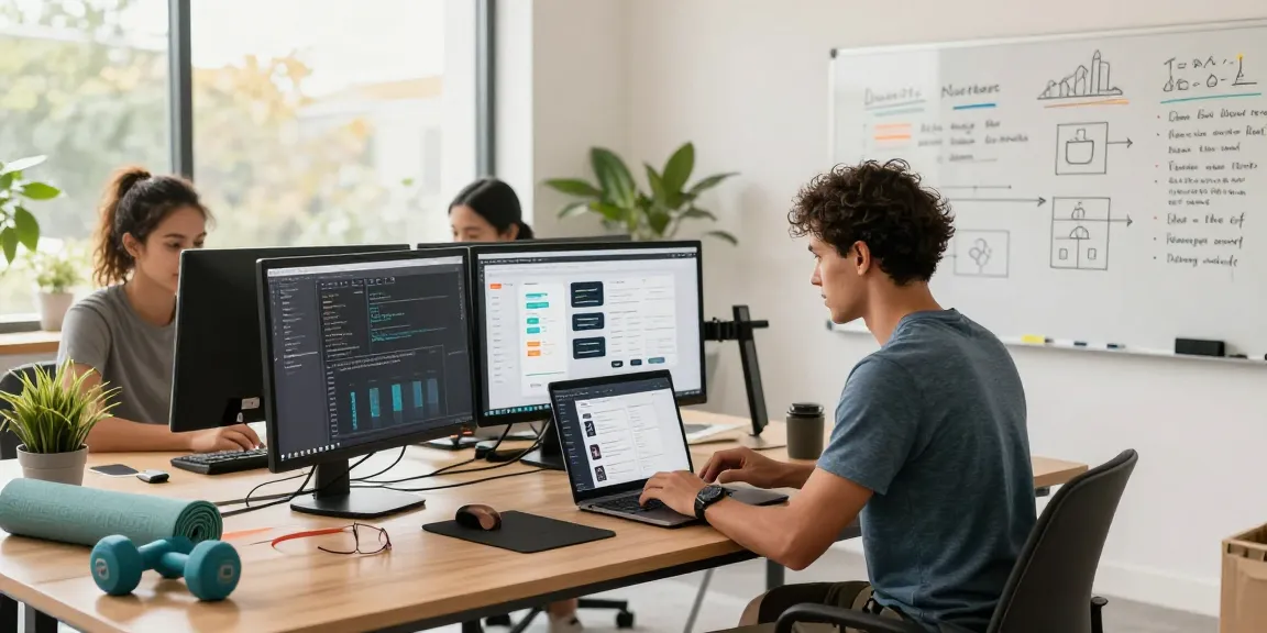 Dynamic workspace showing a developer coding an Android fitness app project tutorial in a bright co-working space.
