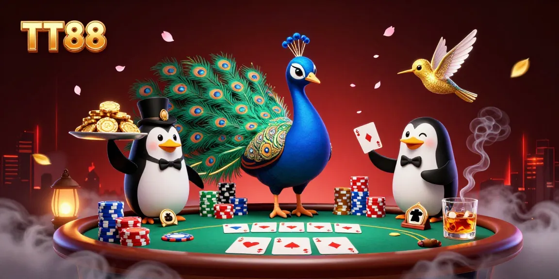 Spin the reels and win in the vibrant casino scene featuring TT88 with peacock and poker elements.