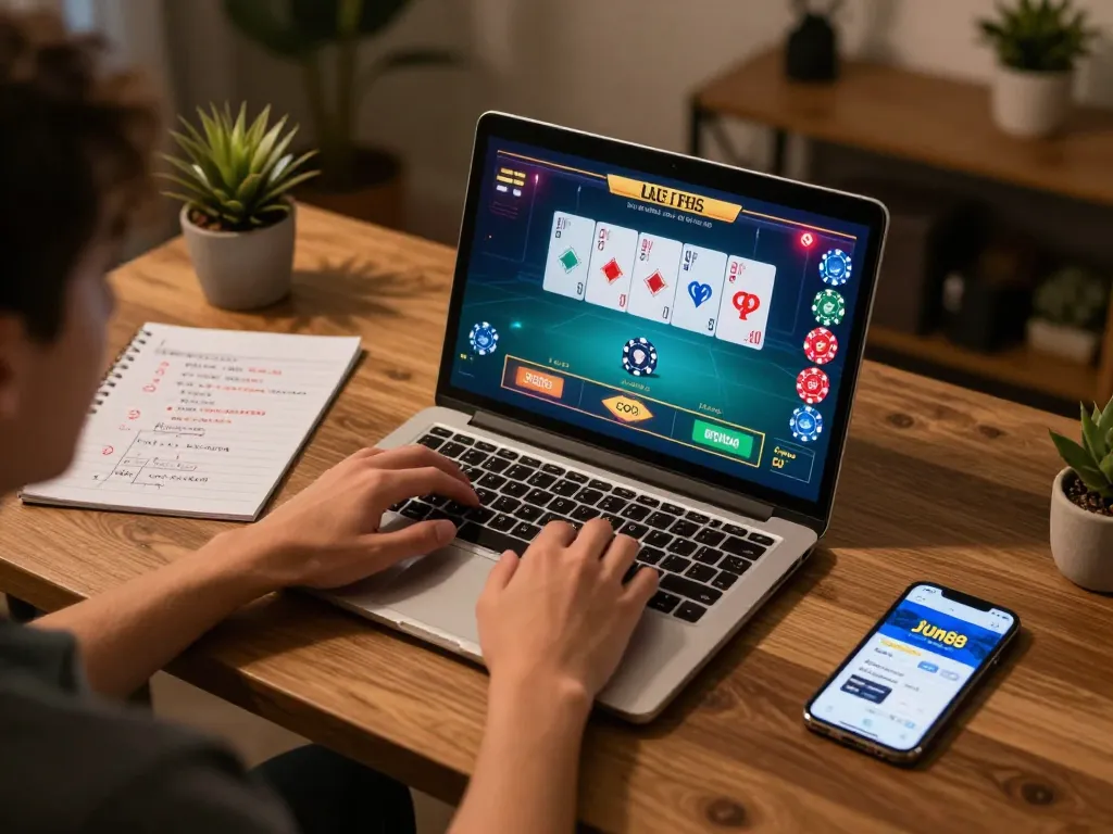 Engaged player utilizing the Jun88 platform for online casino gaming, showcasing vibrant game interface and strategic notes