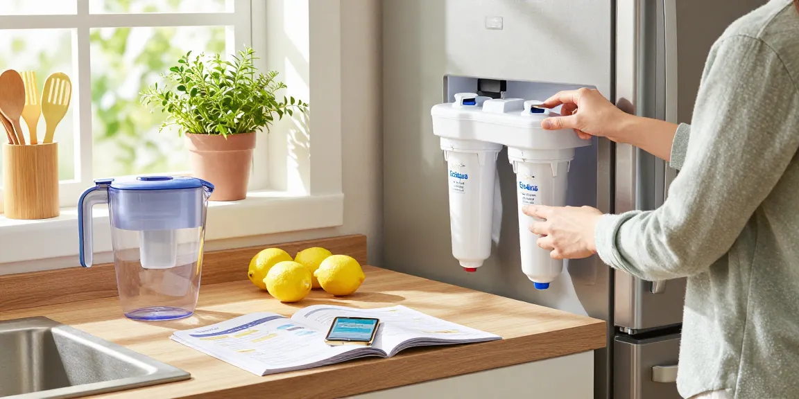 Person replacing EcoAqua EFF-6005 Replacement for LG® LT500P®, ADQ72910901 in a bright kitchen, emphasizing hydration and healthy living.